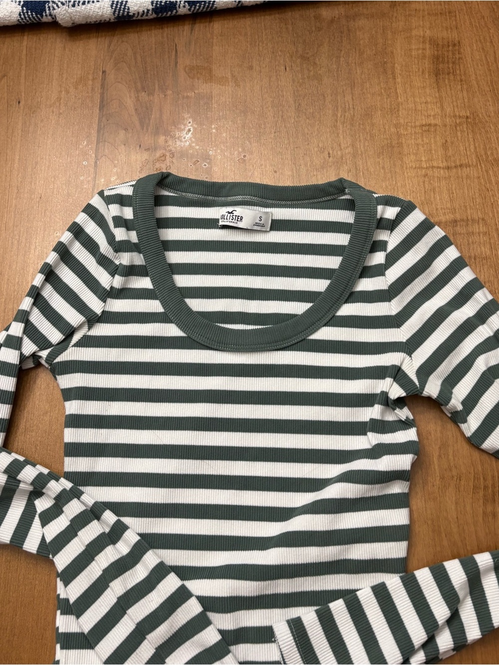 Hollister Green and White Striped Long-Sleeve Ribbed Top